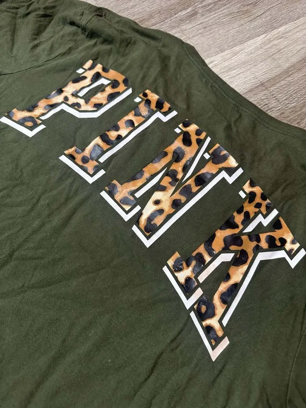 Victoria's Secret PINK Olive Green Leopard Print Graphic Pocket T-Shirt